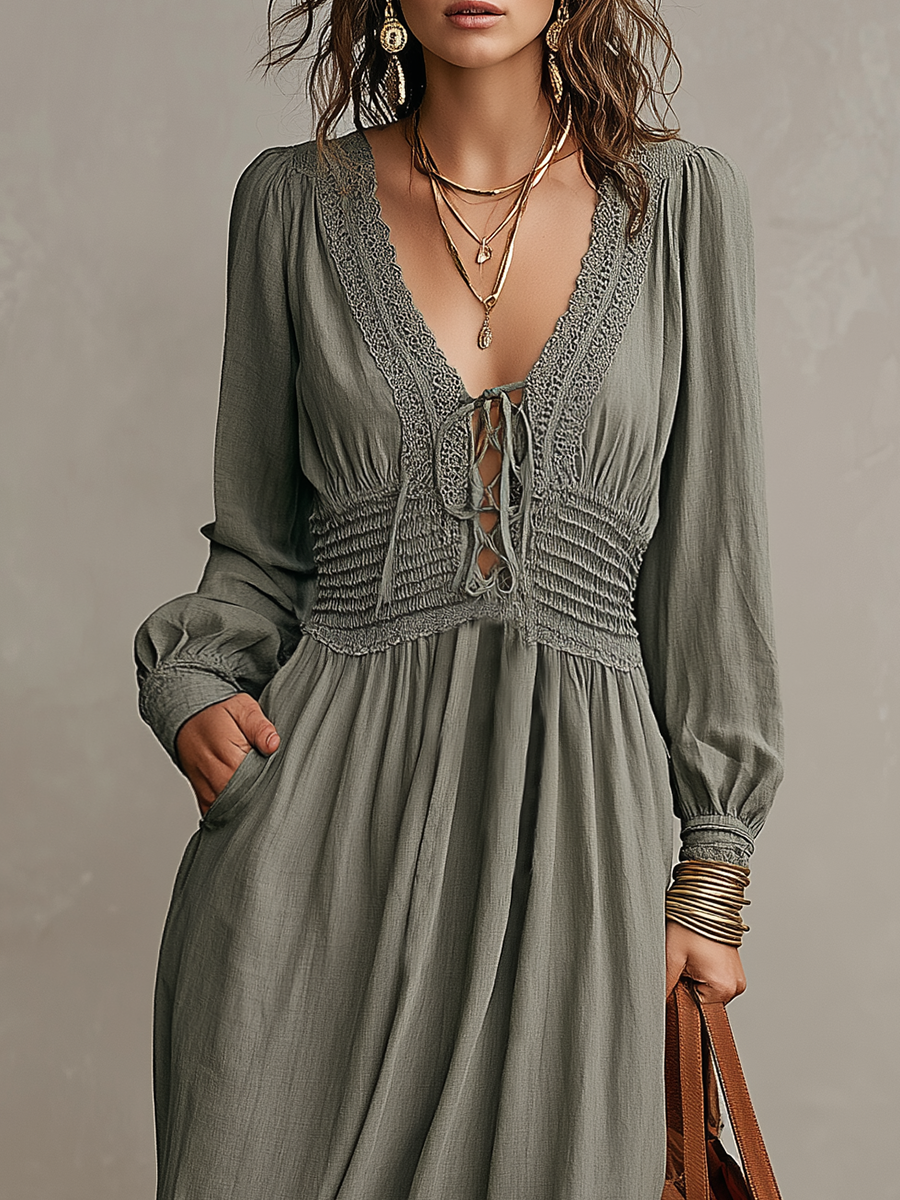 Elegant Sage Lace-Up Maxi Dress