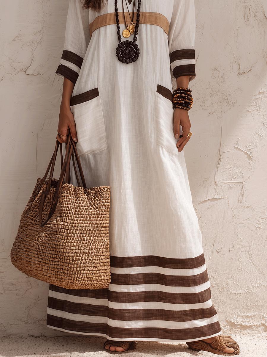 Effortless Cotton-Linen V-Neck Ivory & Brown Kaftan Maxi Dress