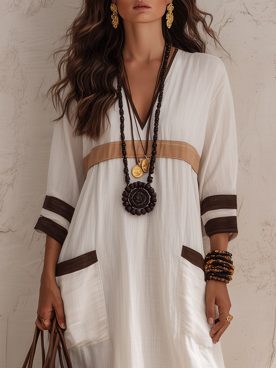 Effortless Cotton-Linen V-Neck Ivory & Brown Kaftan Maxi Dress