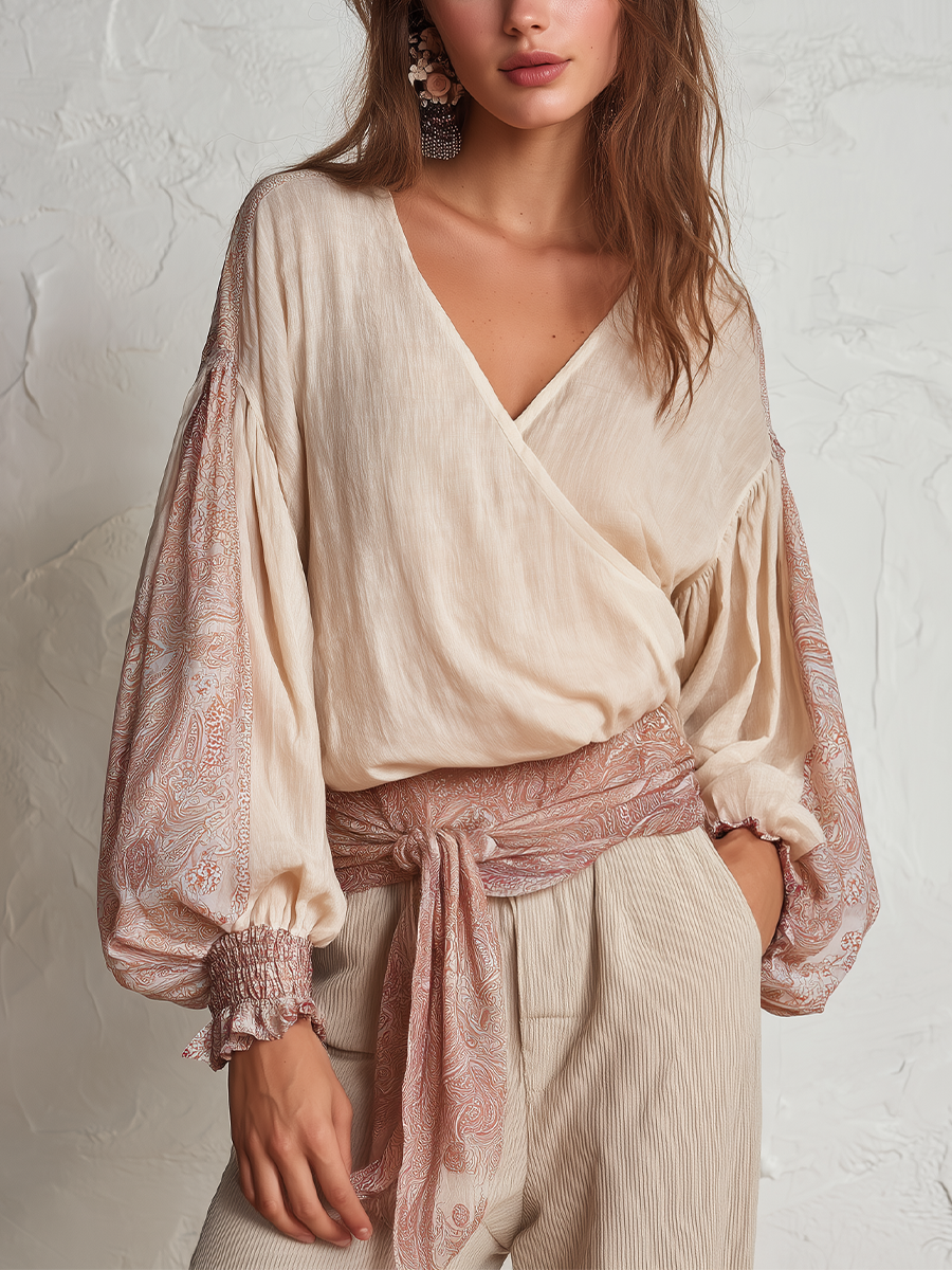 Elegant Beige Wrap Print Blouse