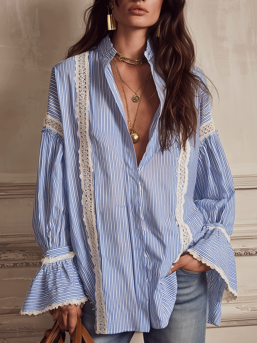 Chic Vertical-Stripe Crochet-Panel Blue Blouse