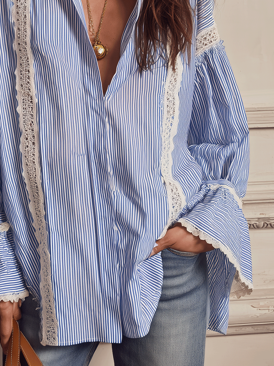 Chic Vertical-Stripe Crochet-Panel Blue Blouse