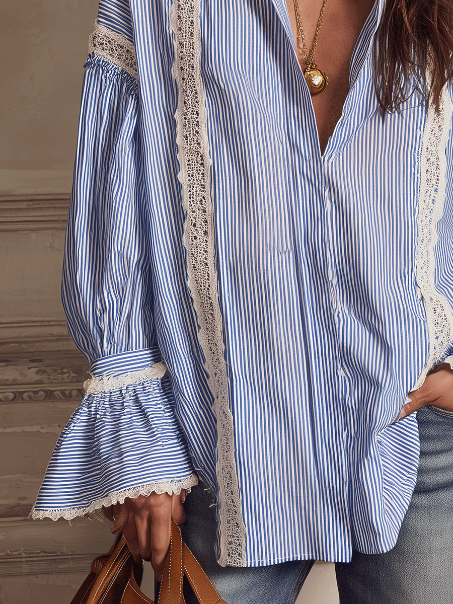 Chic Vertical-Stripe Crochet-Panel Blue Blouse