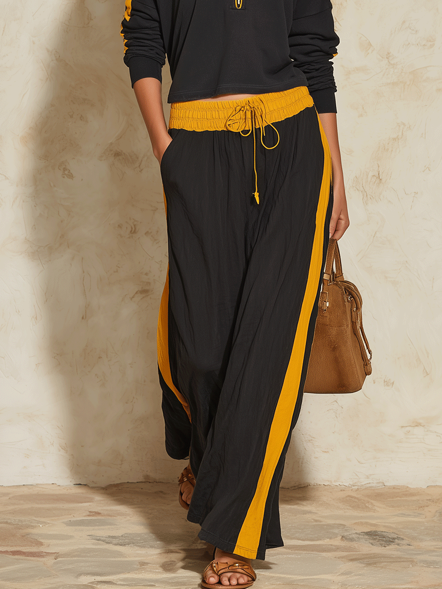 Sporty Chic Cotton Half-Zip Contrast-Stripe Black & Mustard Two-Piece Set