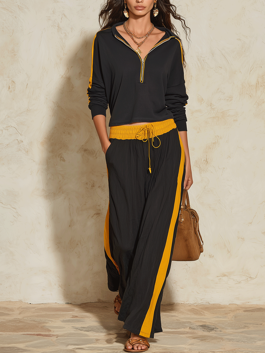 Sporty Chic Cotton Half-Zip Contrast-Stripe Black & Mustard Two-Piece Set