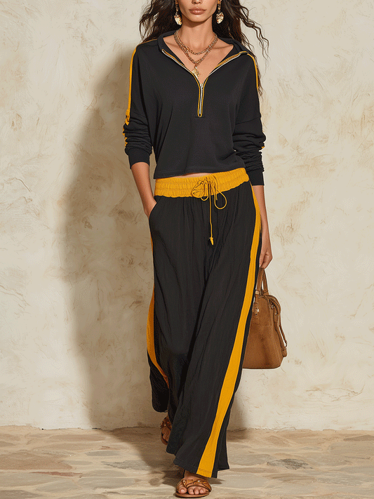 Sporty Chic Cotton Half-Zip Contrast-Stripe Black & Mustard Two-Piece Set