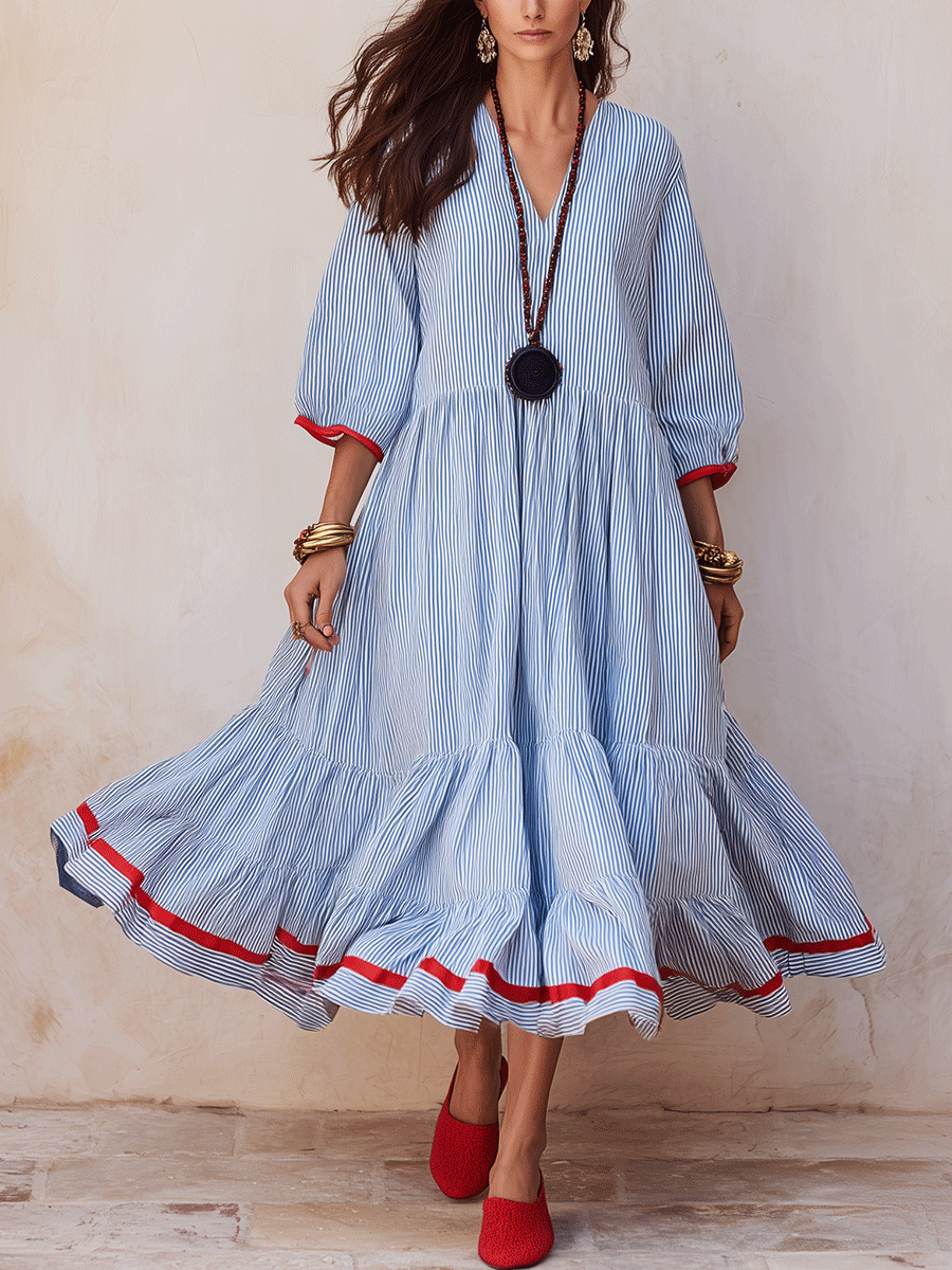 Nautical Chic Textured Cotton V-Neck Ruffle-Tiered Blue & White Midi Dress