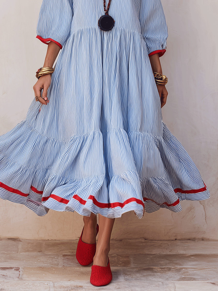 Nautical Chic Textured Cotton V-Neck Ruffle-Tiered Blue & White Midi Dress