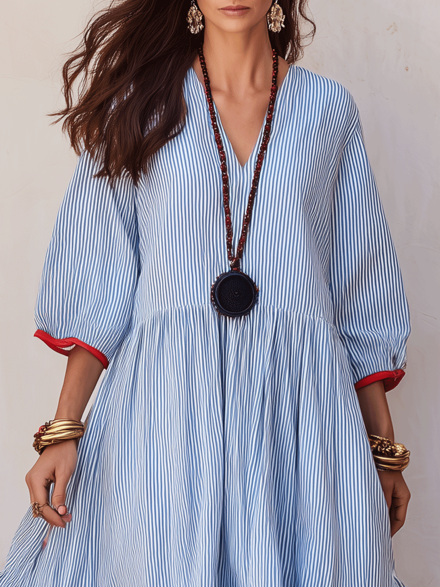 Nautical Chic Textured Cotton V-Neck Ruffle-Tiered Blue & White Midi Dress