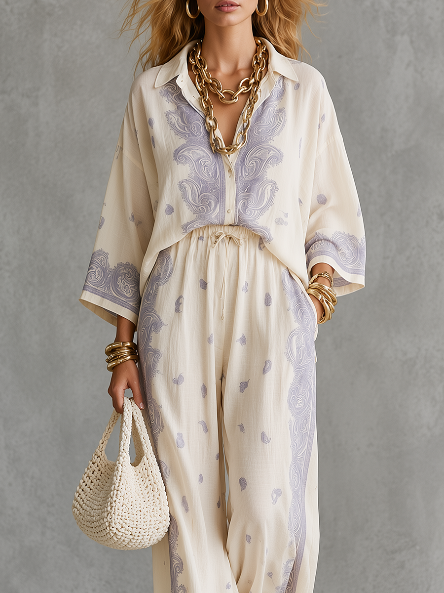 Resort Bohemian Paisley Shirt & Wide Leg Pants Set