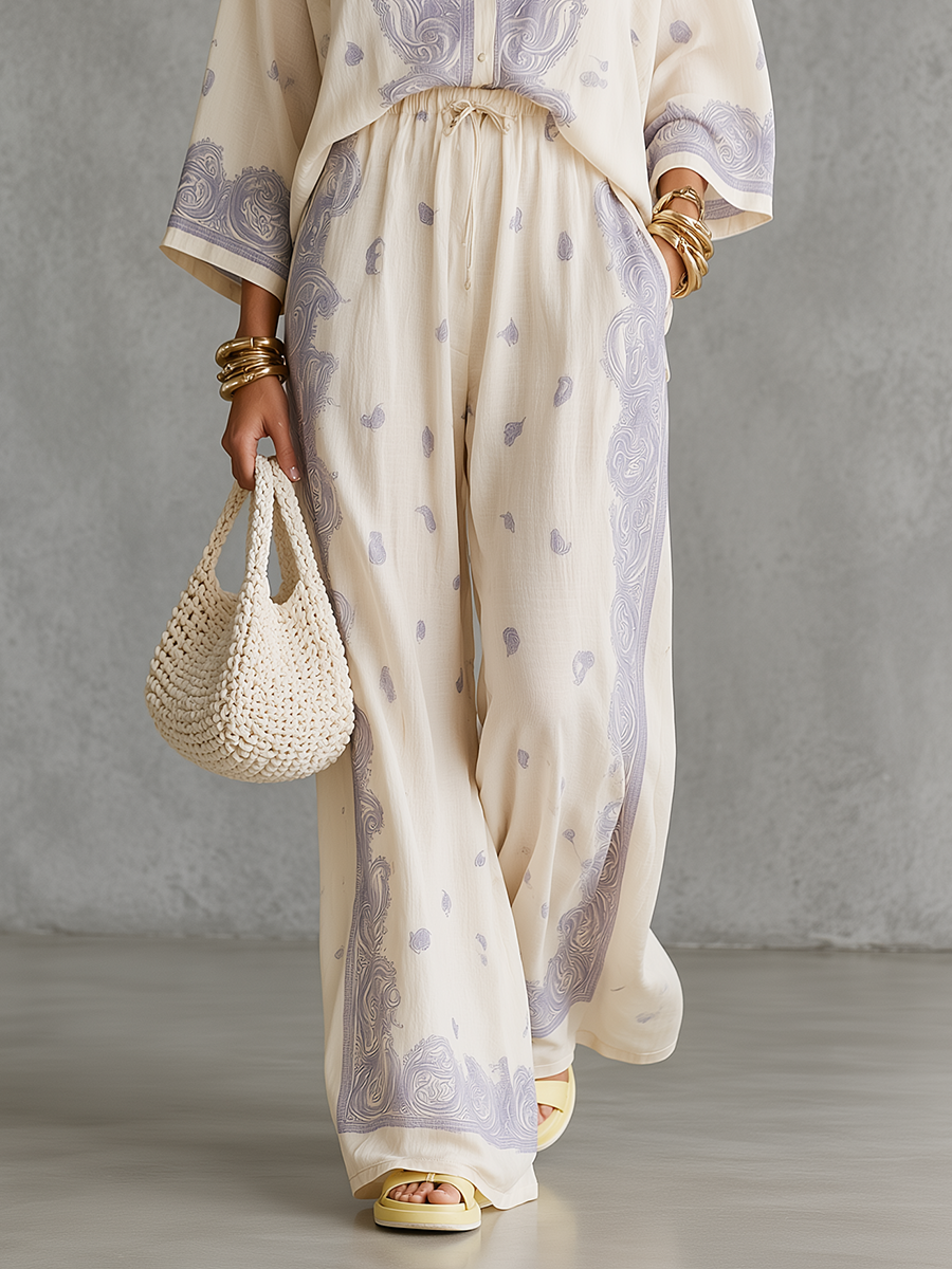 Resort Bohemian Paisley Shirt & Wide Leg Pants Set