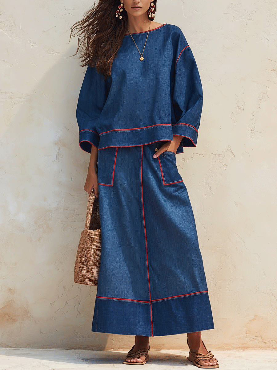 Modern Minimal Cotton-Denim Red-Topstitch Boxy Indigo Skirt Set