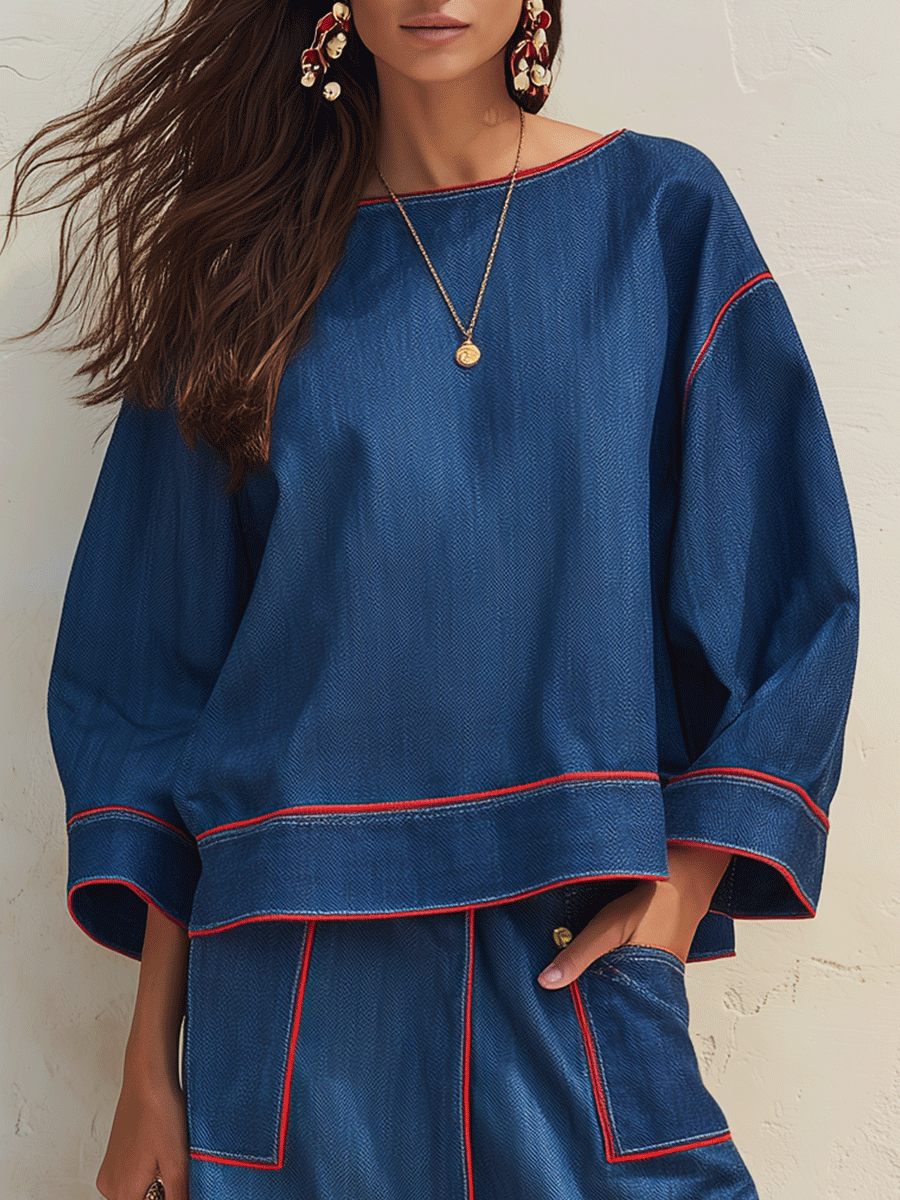 Modern Minimal Cotton-Denim Red-Topstitch Boxy Indigo Skirt Set