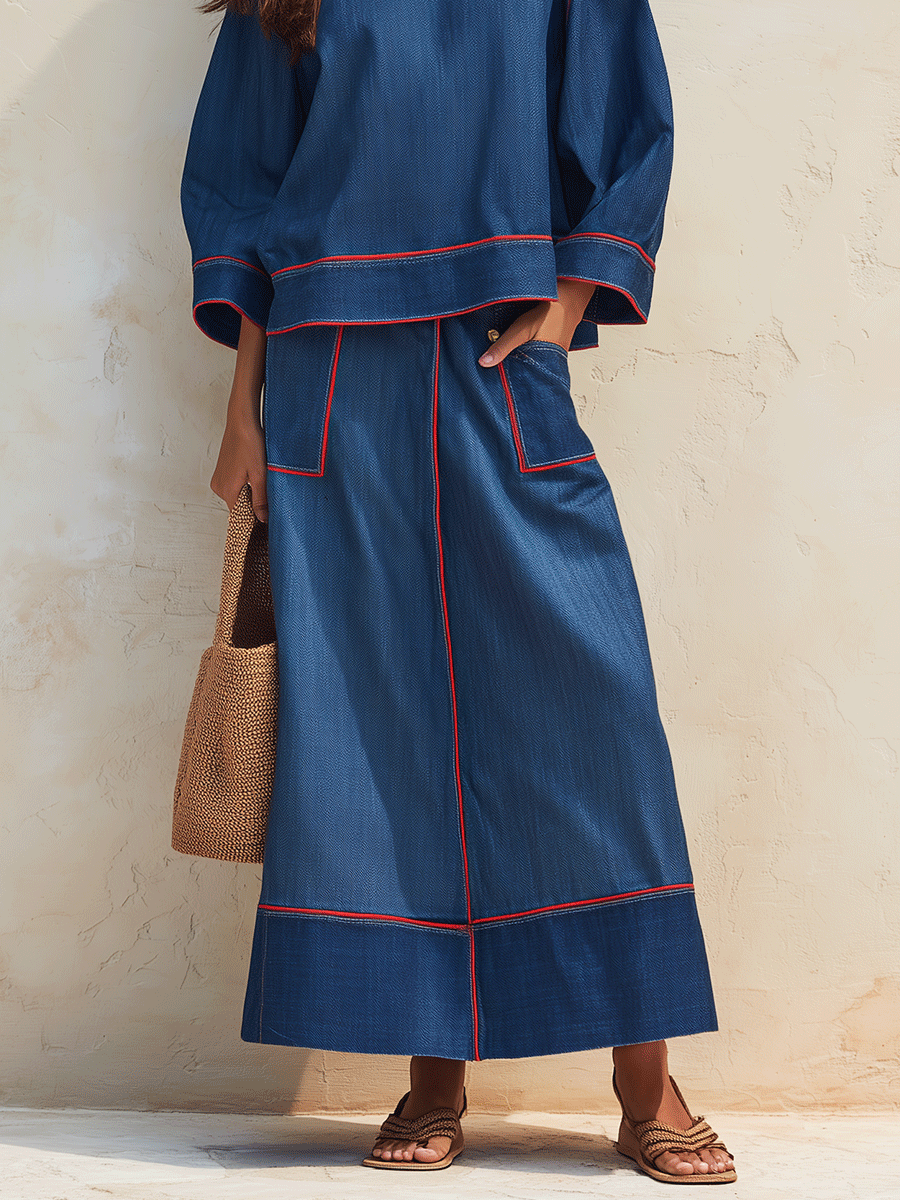 Modern Minimal Cotton-Denim Red-Topstitch Boxy Indigo Skirt Set