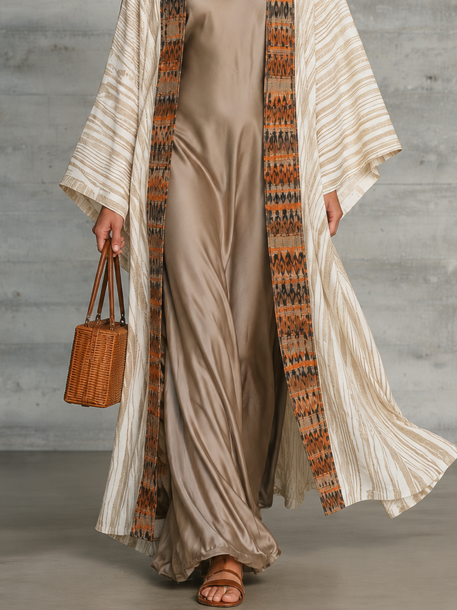 Boho Printed Kimono Cardigan with Satin Slip Maxi Dress Set
