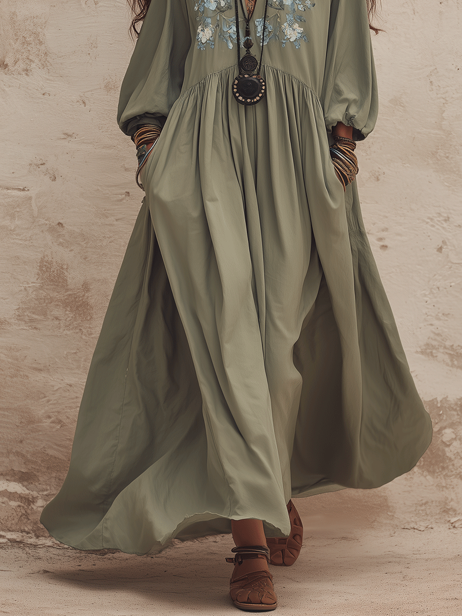 Vintage Textured Cotton Embroidered-Yoke Flowy Maxi Dress