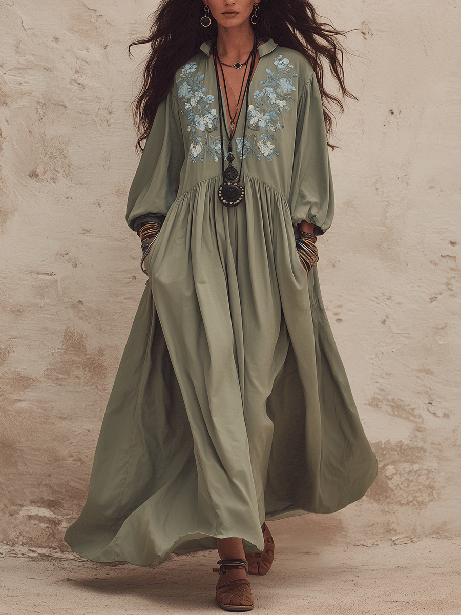 Vintage Textured Cotton Embroidered-Yoke Flowy Maxi Dress