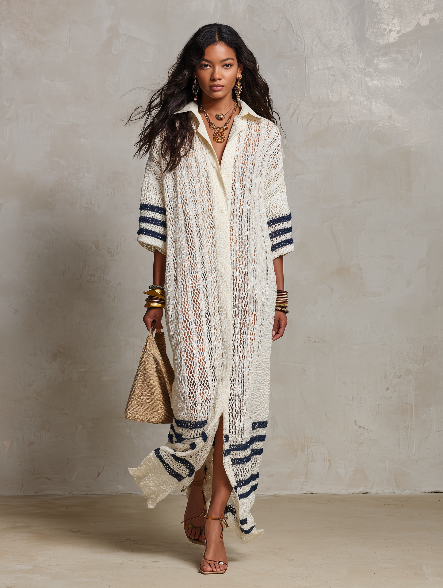 Nautical Chic Hollow-Knit Off-White Striped Knit Maxi Dress