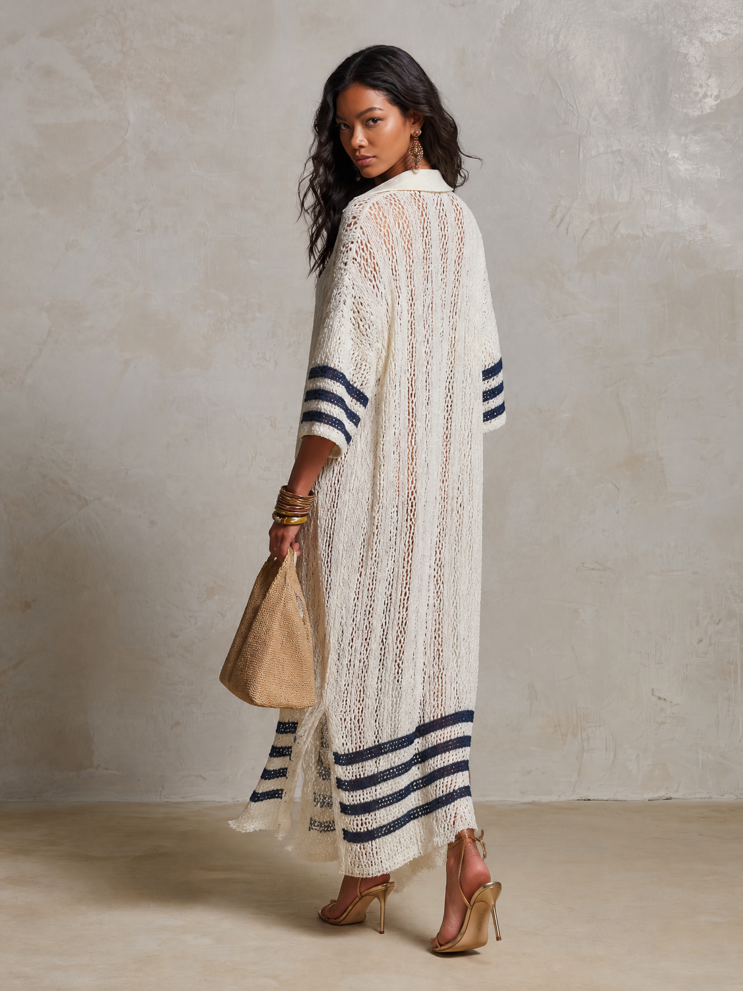 Nautical Chic Hollow-Knit Off-White Striped Knit Maxi Dress