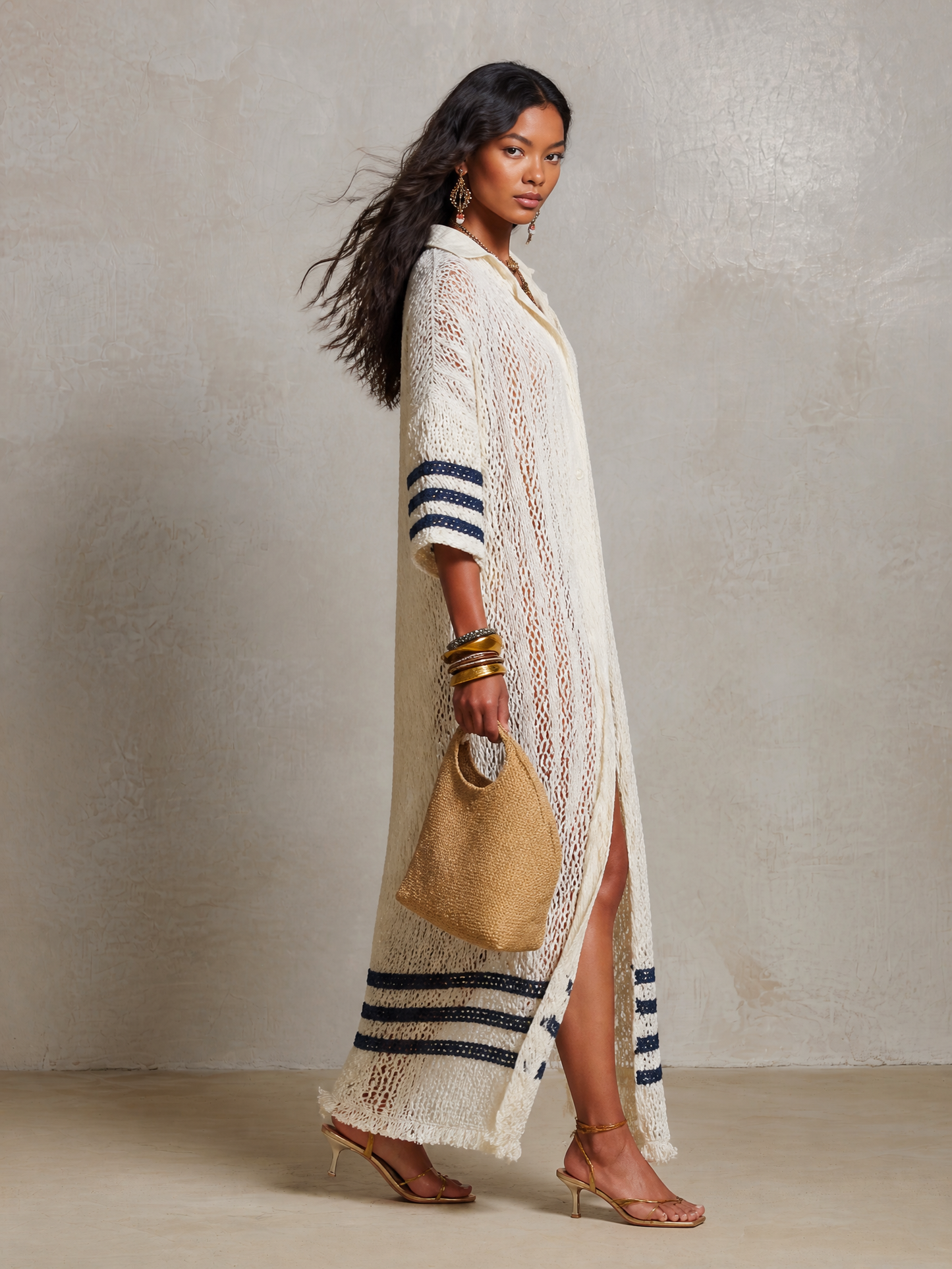 Nautical Chic Hollow-Knit Off-White Striped Knit Maxi Dress