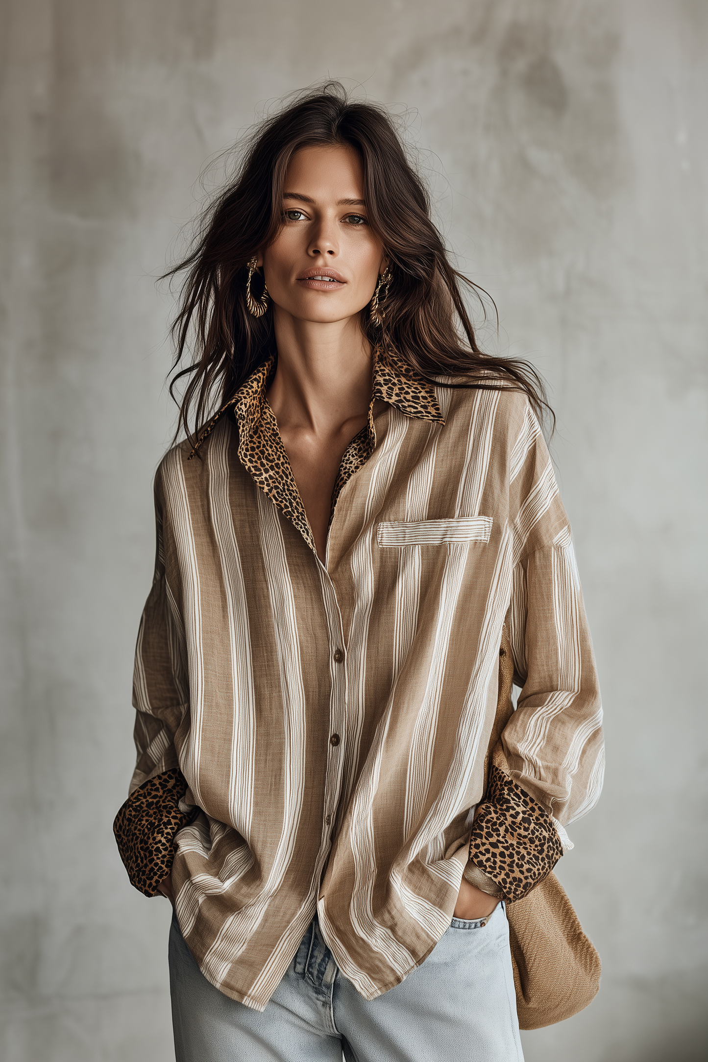 Modern Coastal Linen-Blend Striped Khaki Blouse