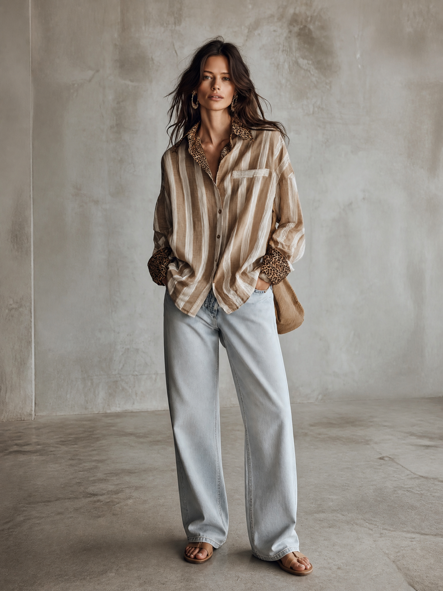 Modern Coastal Linen-Blend Striped Khaki Blouse