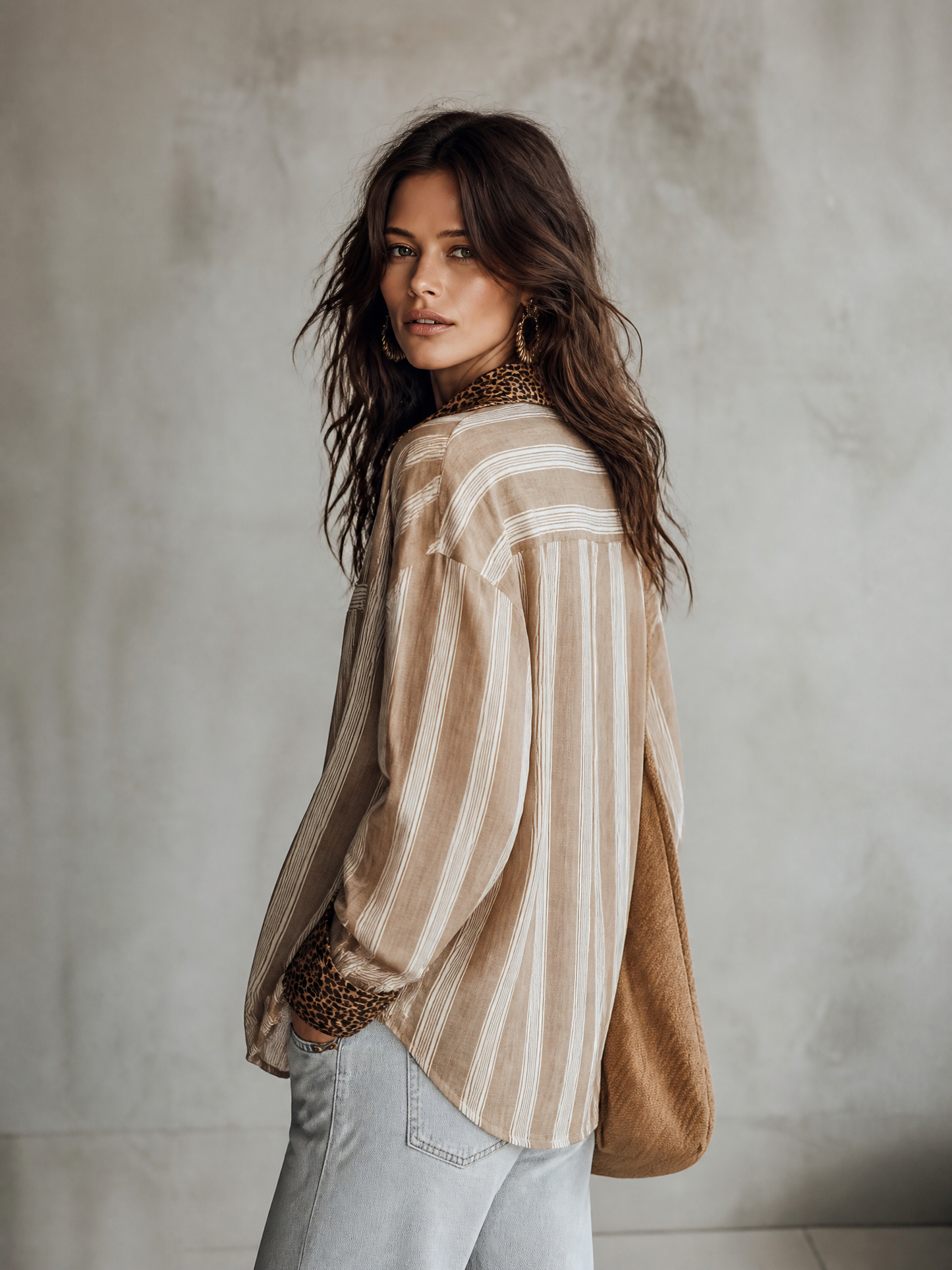 Modern Coastal Linen-Blend Striped Khaki Blouse