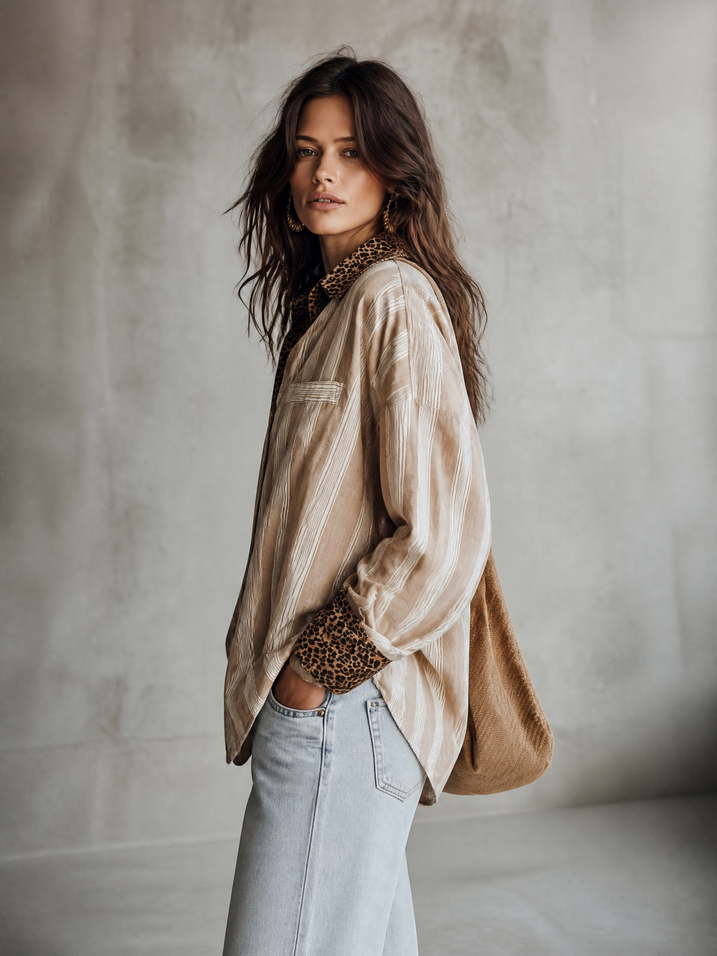Modern Coastal Linen-Blend Striped Khaki Blouse