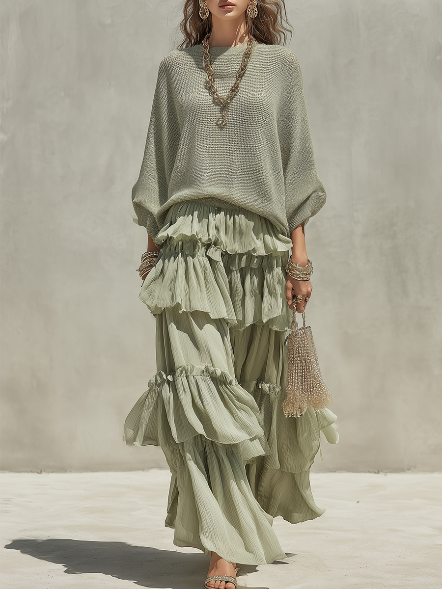 Bohemian Sage Green Sweater And Ruffled Skirt Set