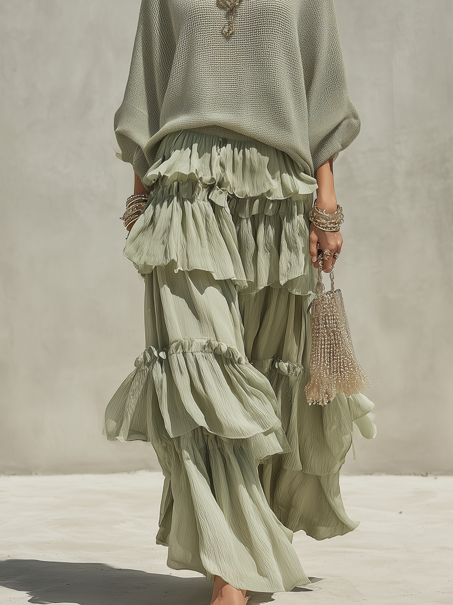 Bohemian Sage Green Sweater And Ruffled Skirt Set
