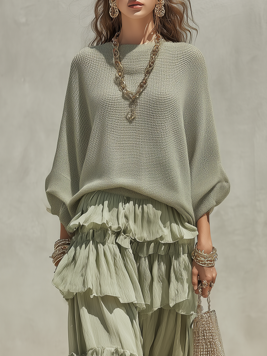 Bohemian Sage Green Sweater And Ruffled Skirt Set