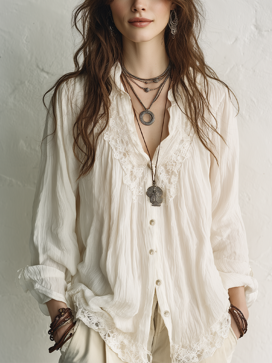 Romantic Ivory Lace Trim Blouse