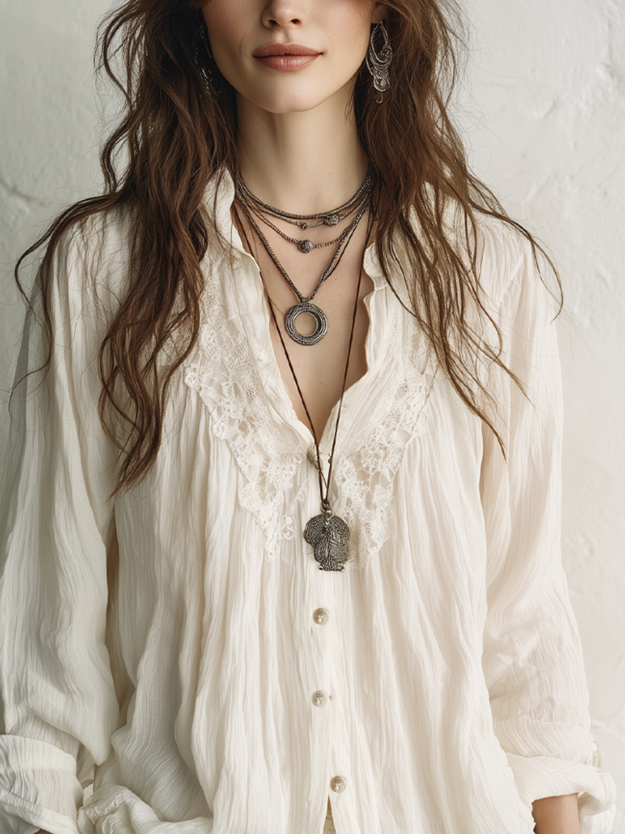 Romantic Ivory Lace Trim Blouse