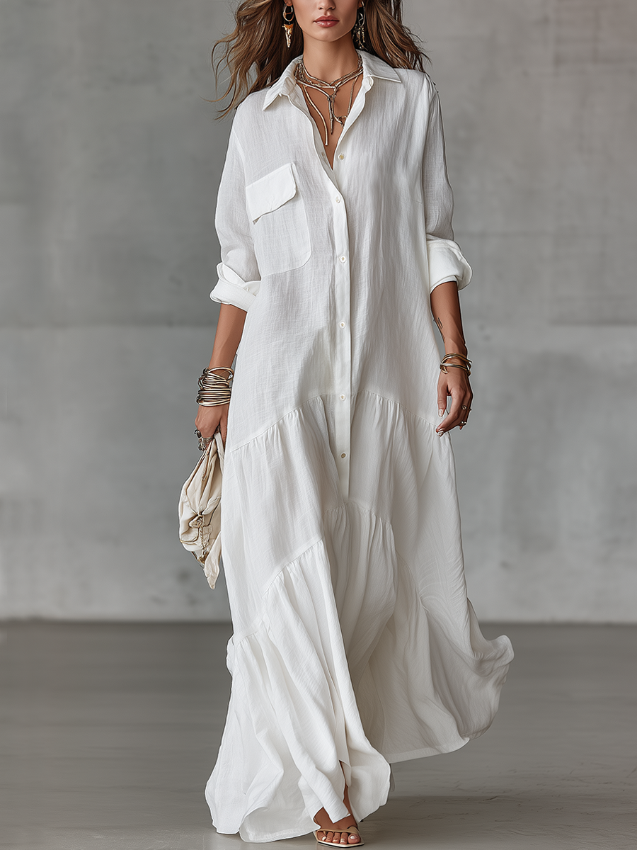 Timeless White Linen Button Front Tiered Maxi Dress