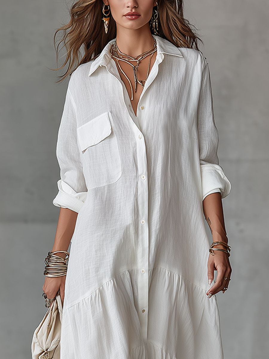 Timeless White Linen Button Front Tiered Maxi Dress