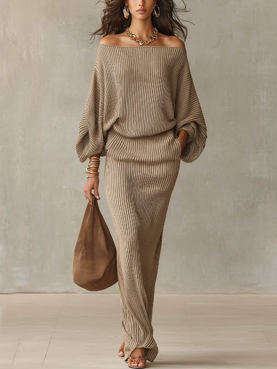 Sophisticated Beige Off Shoulder Ribbed Knit Set