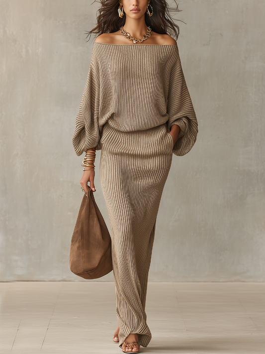 Sophisticated Beige Off Shoulder Ribbed Knit Set