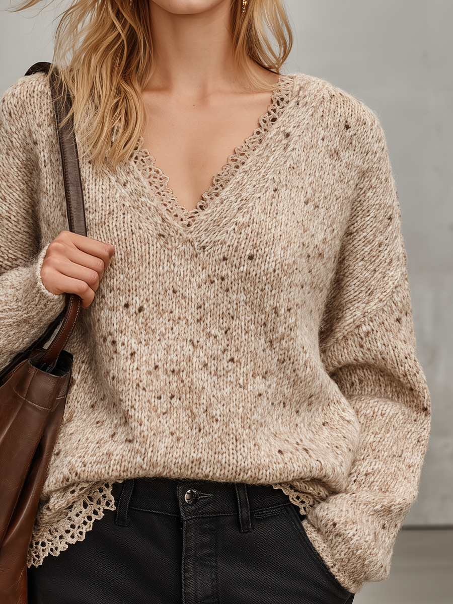 Romantic Boho Lace Trim V-Neck Knit Sweater Top