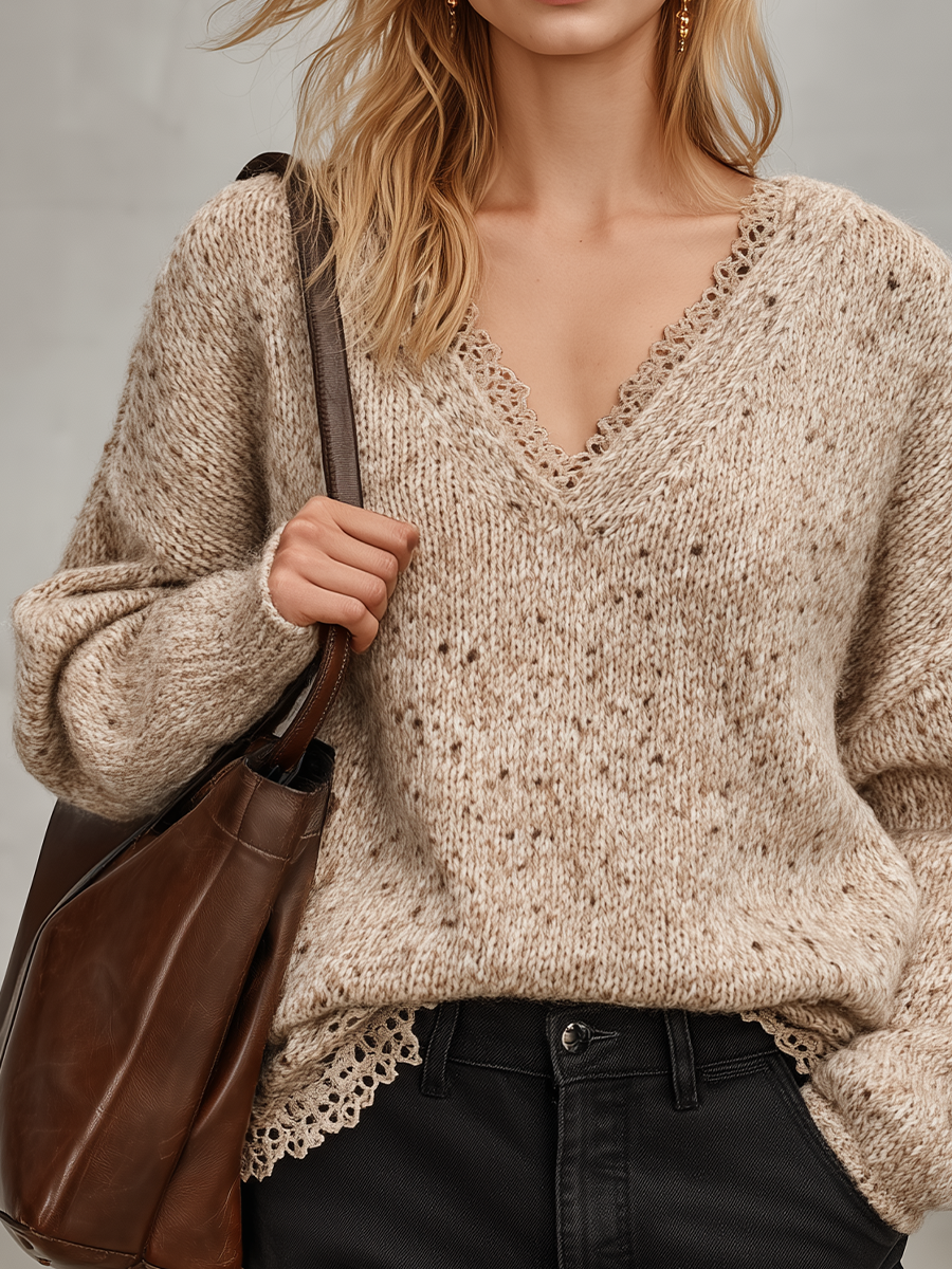 Romantic Boho Lace Trim V-Neck Knit Sweater Top