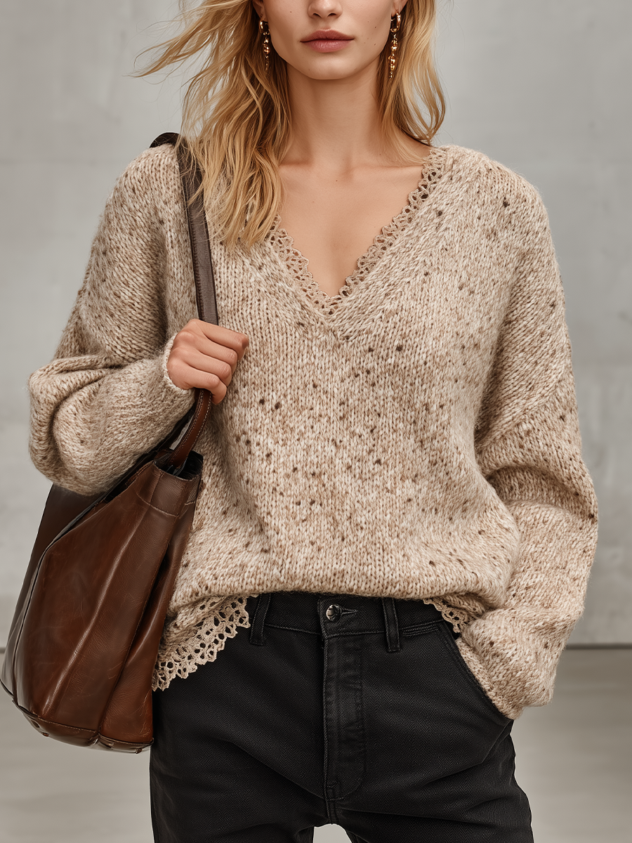 Romantic Boho Lace Trim V-Neck Knit Sweater Top