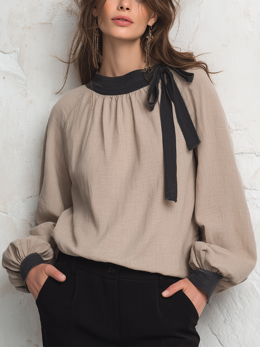 Refined Sand Bow-Neck Blouse