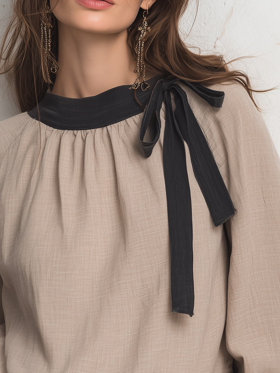 Refined Sand Bow-Neck Blouse