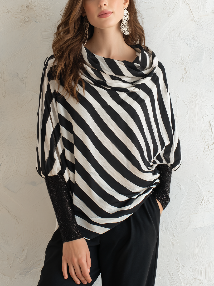 Modern Black Striped Draped Blouse