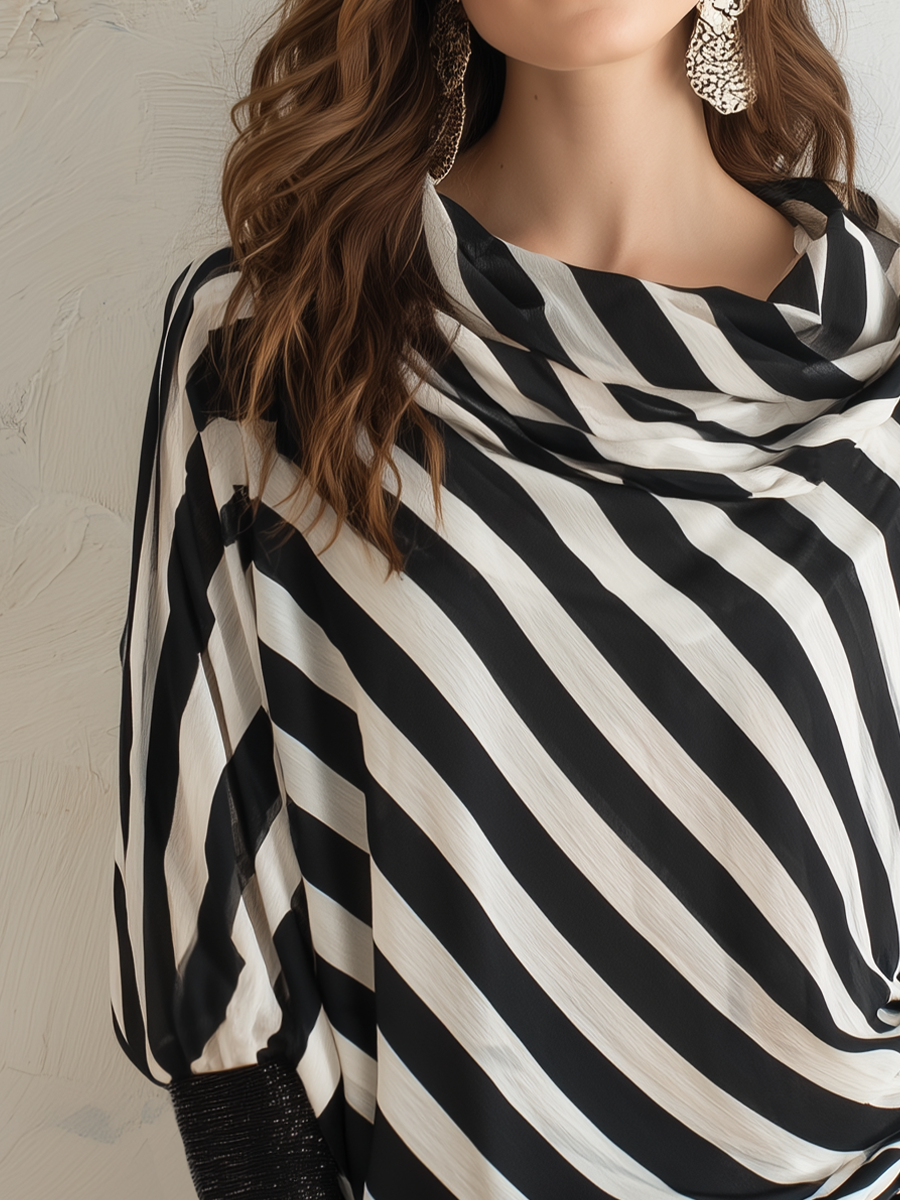 Modern Black Striped Draped Blouse