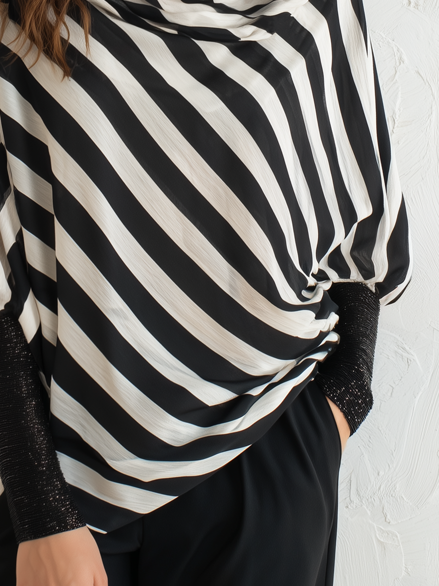 Modern Black Striped Draped Blouse
