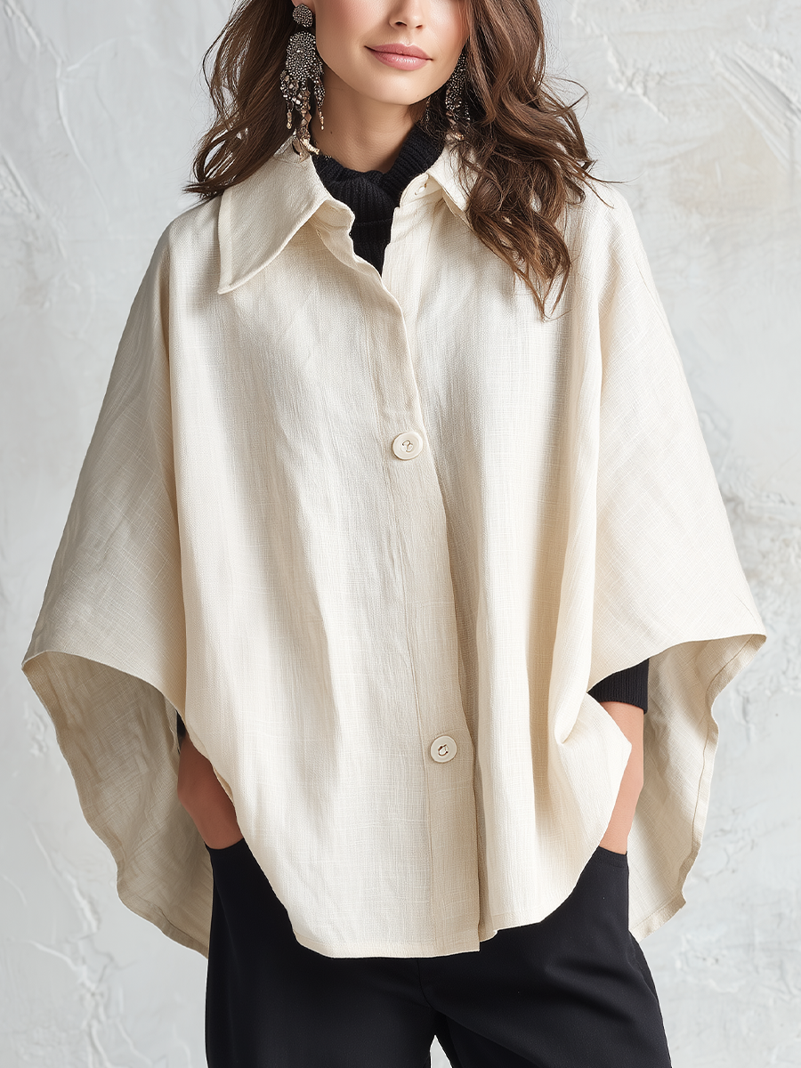 Minimalist Ivory Button-Front Cape Jacket