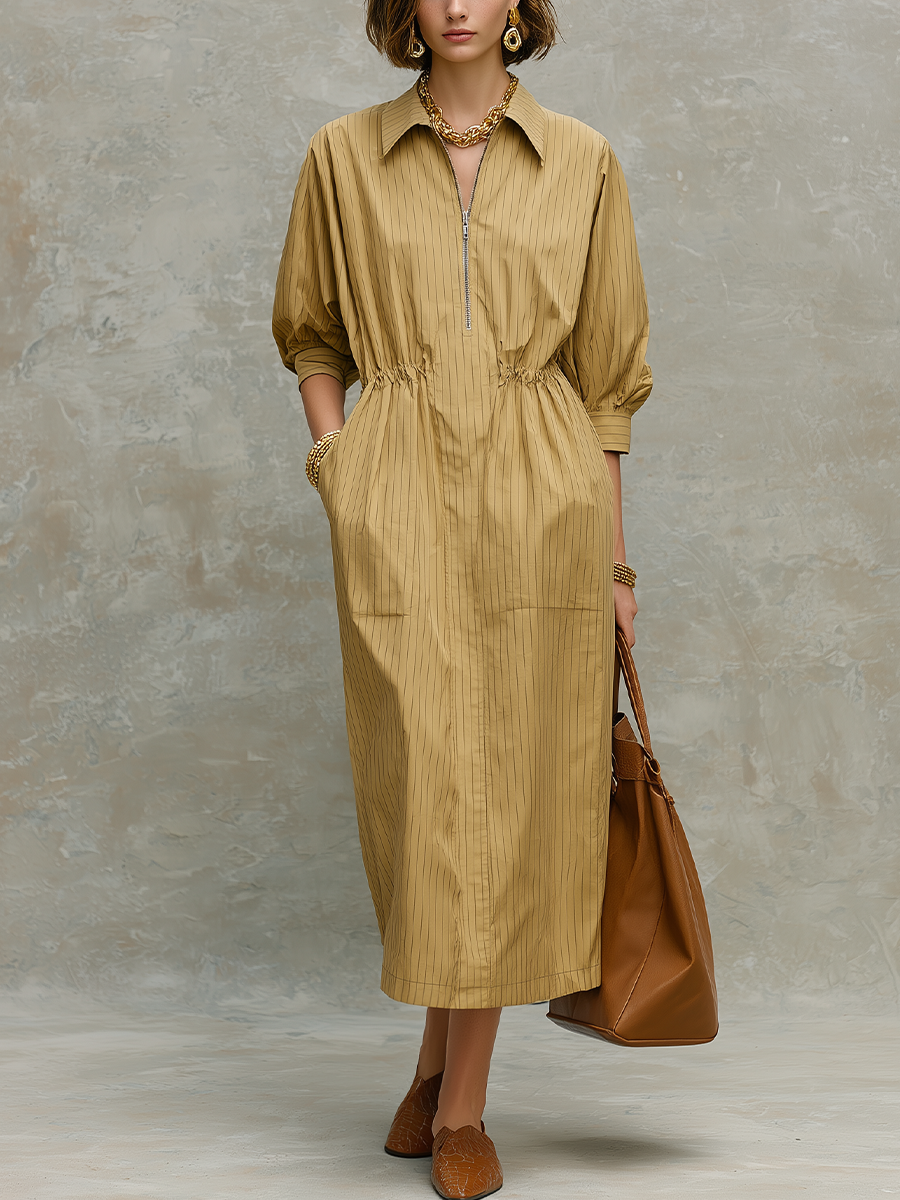 Refined Khaki Pinstripe Shirt Midi Dress