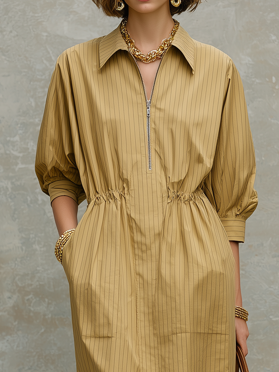 Refined Khaki Pinstripe Shirt Midi Dress