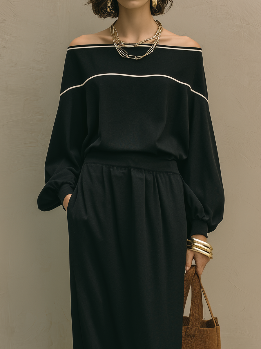 Elegant Black Off-Shoulder Knit Skirt Set