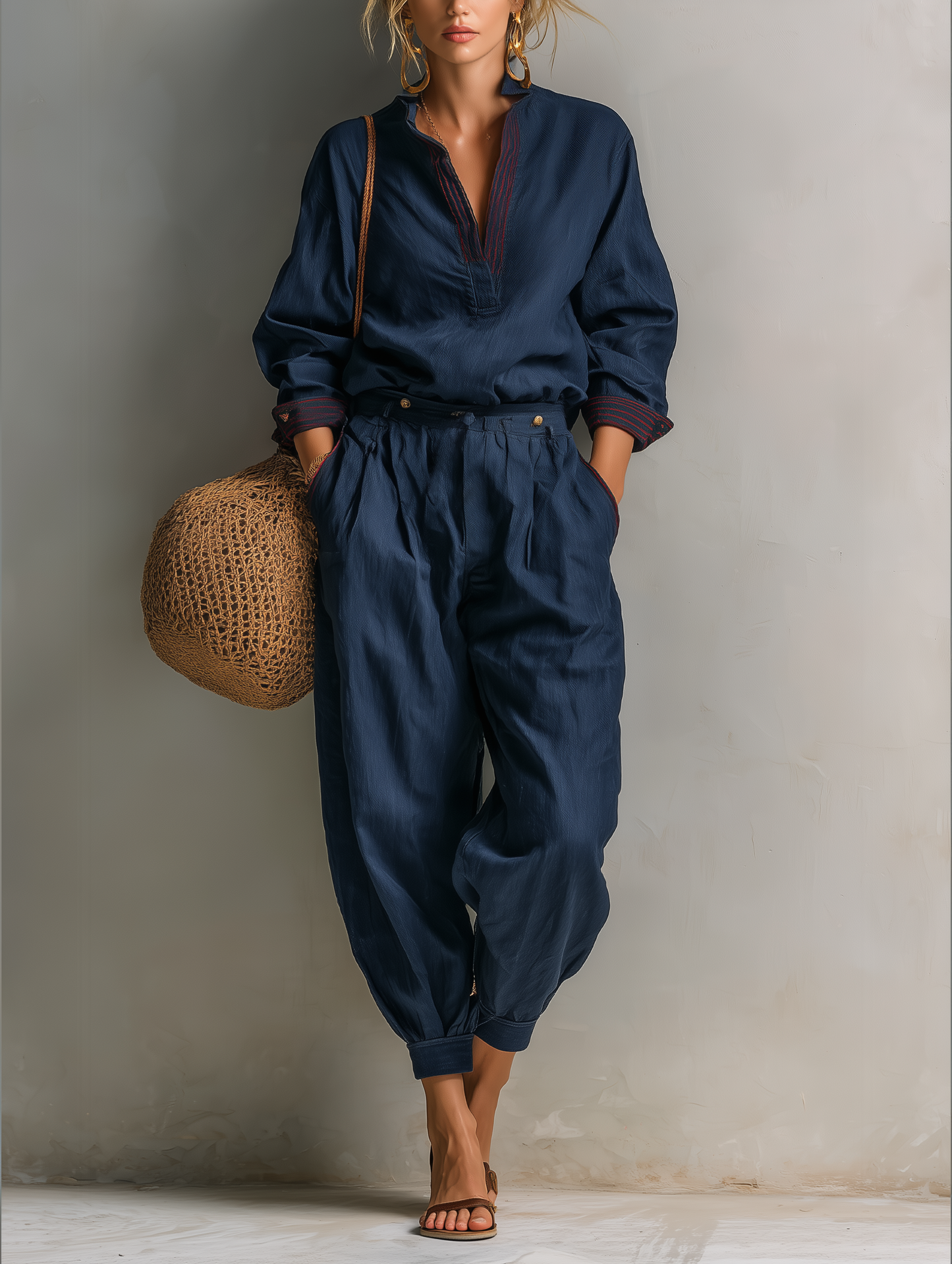 Women's Casual V-Neck Long Sleeve Top and Harem Pants Two-Piece Set